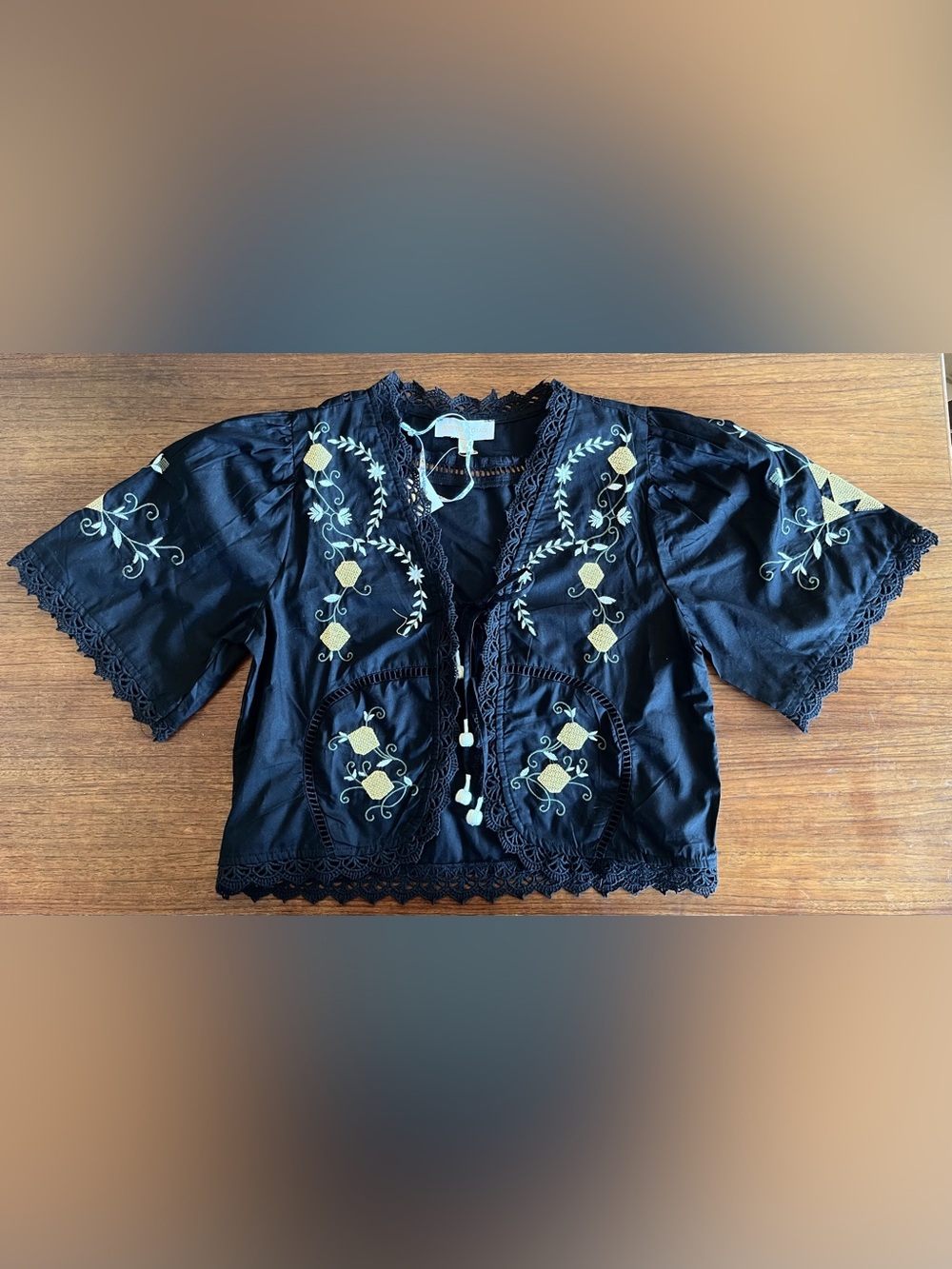 Jennifer & Grace Black Lace Cross Stitch Embroidery Top Front Tie XS (Sezane